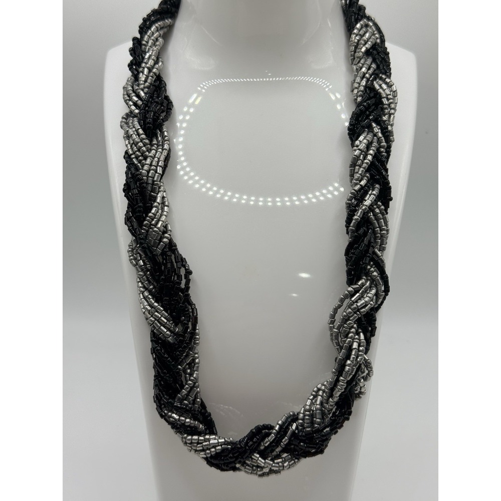 Black‎ Silver Seed Bead Necklace Braided Silver Tone 17-20"